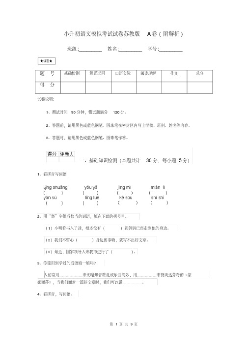 小升初语文模拟考试试卷苏教版A卷(附解析)