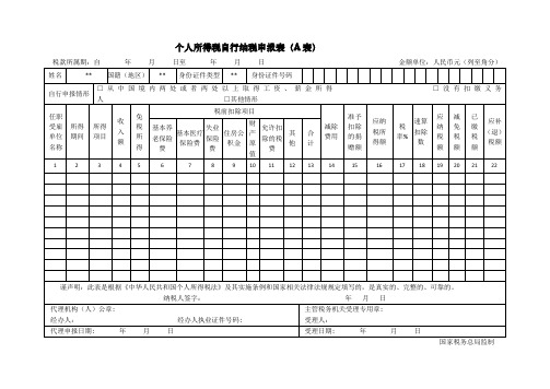 股权转让个人所得税自行纳税申报表A表