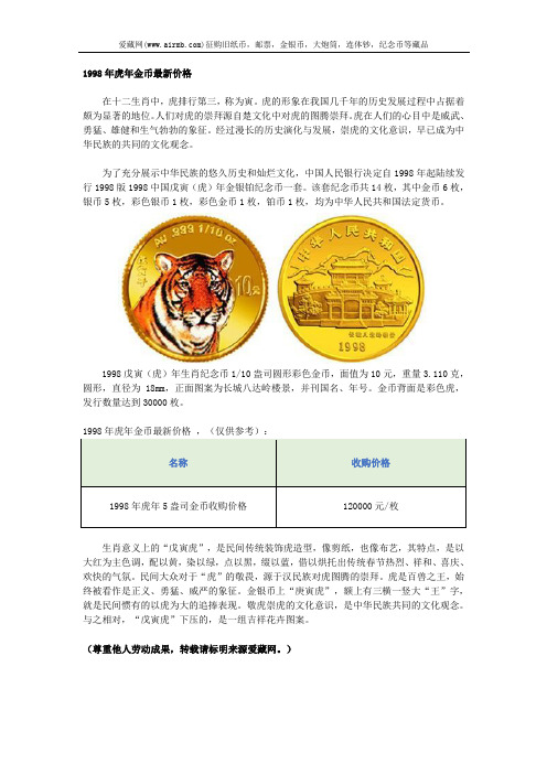 1998年虎年金币最新价格