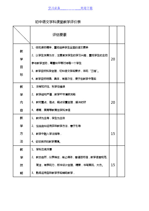 初中语文学科课堂教学评价表