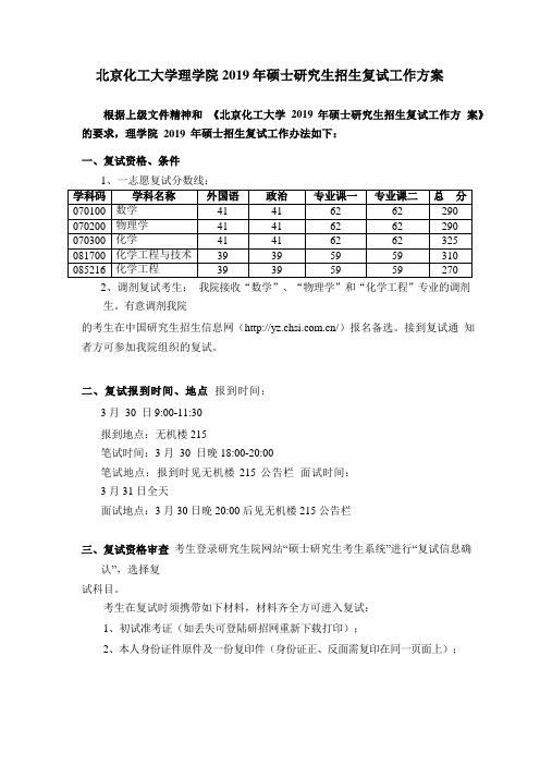 2019北京化工大学理学院硕士研究生招生复试工作方案