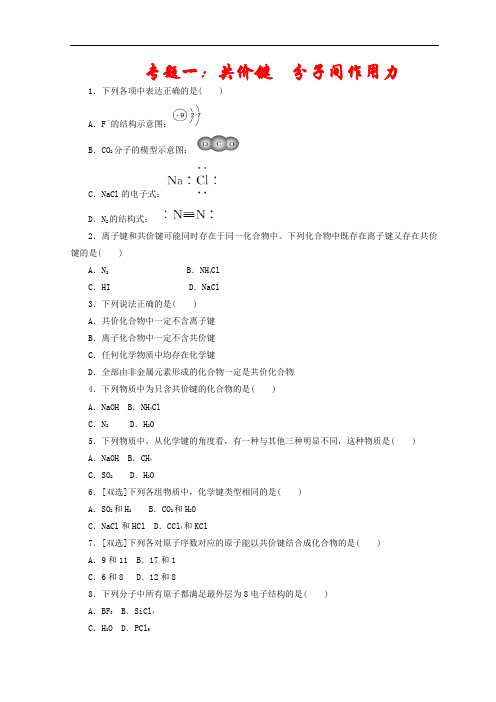 【苏教版】2021高一化学必修二专题《共价键 分子间作用力和原子核外电子的排布》含答案