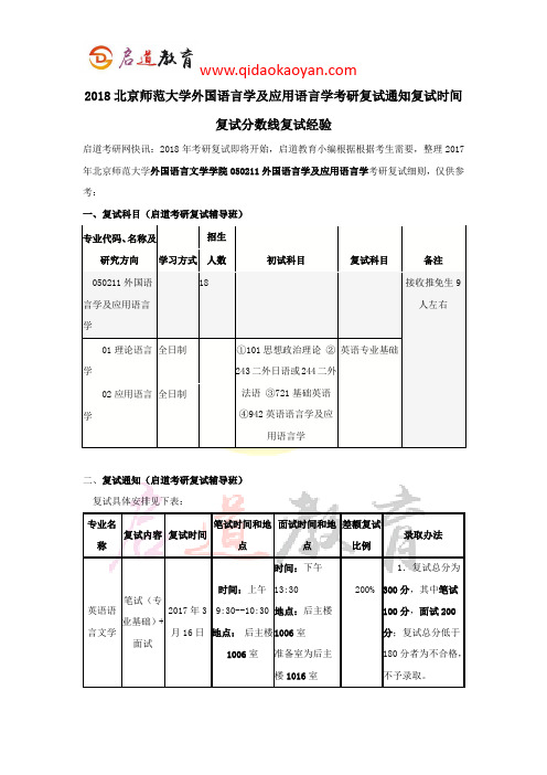 2018北京师范大学外国语言学及应用语言学考研复试通知复试时间复试分数线复试经验