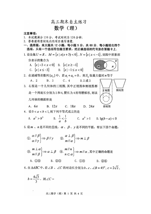 山东2013—2014学年度第一学期期末自主练习 高三数学理含答案详解