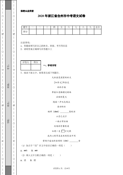 2020年浙江省台州市中考语文试卷(含详细解析)