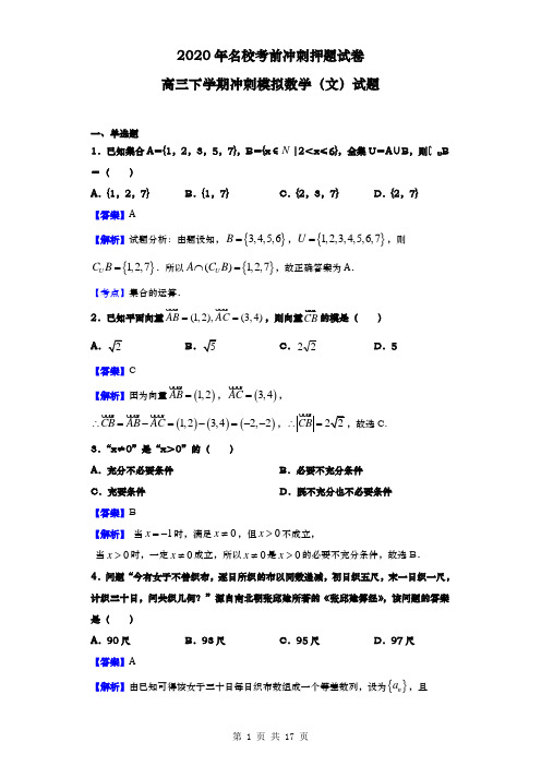 2020年名校考前冲刺押题试卷  数学(文)试题(解析版)