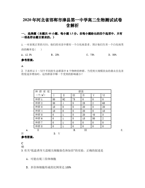 2020年河北省邯郸市漳县第一中学高二生物测试试卷含解析