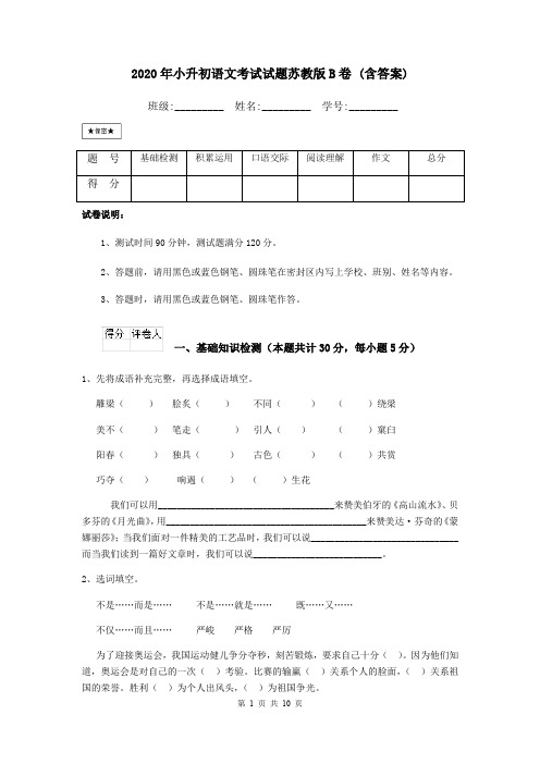 2020年小升初语文考试试题苏教版B卷 (含答案)