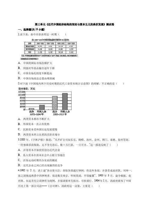 2019-2020学年人教版高中历史必修2第三单元《近代中国经济结构的变动与资本主义的曲折发展》测试卷