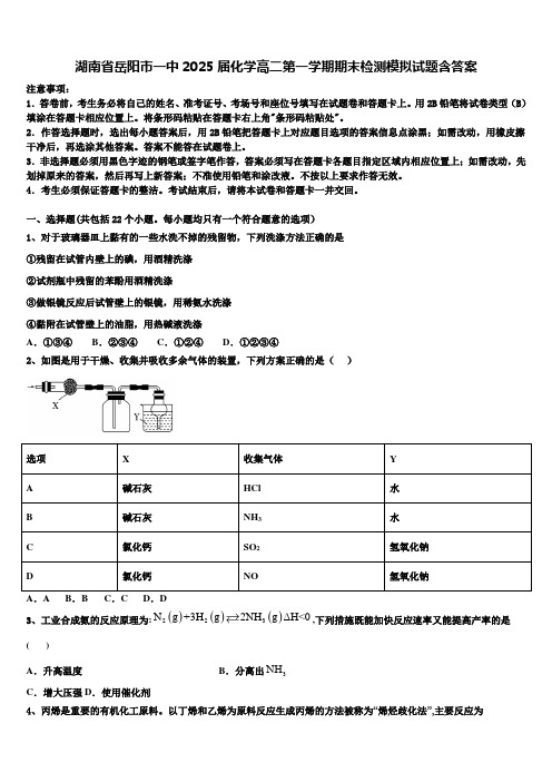 湖南省岳阳市一中2025届化学高二第一学期期末检测模拟试题含答案