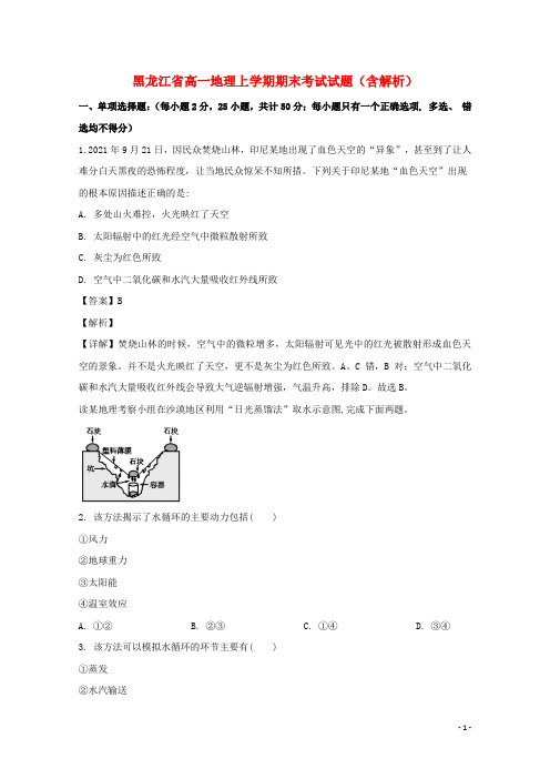 黑龙江省2020-2021学年学年高一地理上学期期末考试试题(含解析)