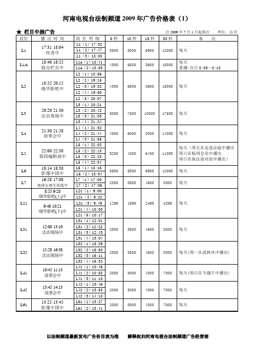 2009河南4套法制频道2009年广告价格表(7月1日起执行)
