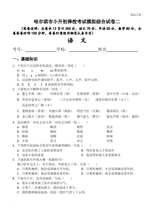 哈尔滨市小升初择校考试模拟综合试卷二