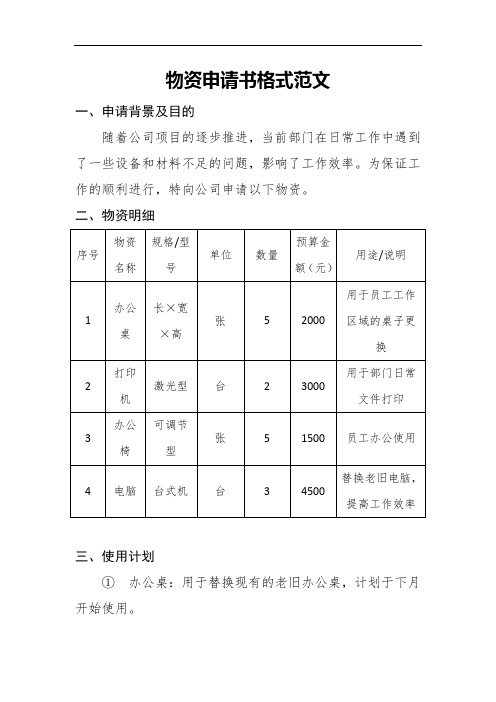 物资申请书格式范文经典版