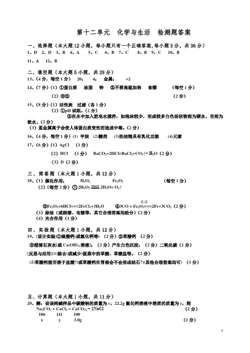 【精编】人教版化学九年级下册第12单元  化学与生活  检测题答案.doc