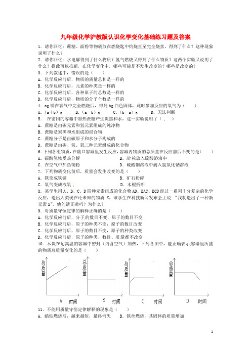 九年级化学全册 第四章 认识化学变化《认识化学变化》同步练习1 沪教版