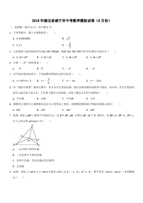 2019年湖北省咸宁市中考数学模拟试卷(6月份)(含答案)