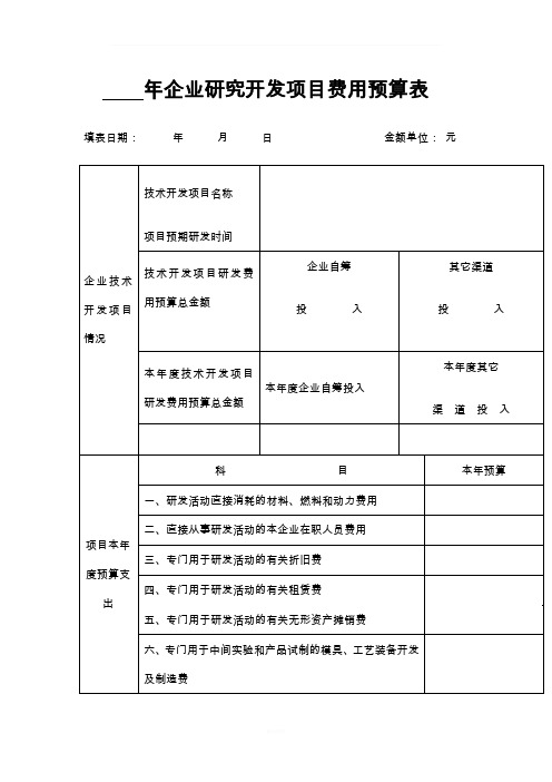 企业研究开发项目费用预算表