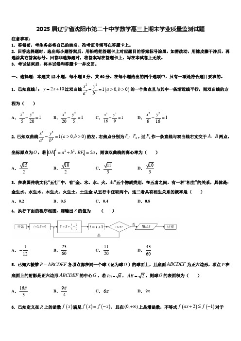 2025届辽宁省沈阳市第二十中学数学高三上期末学业质量监测试题含解析