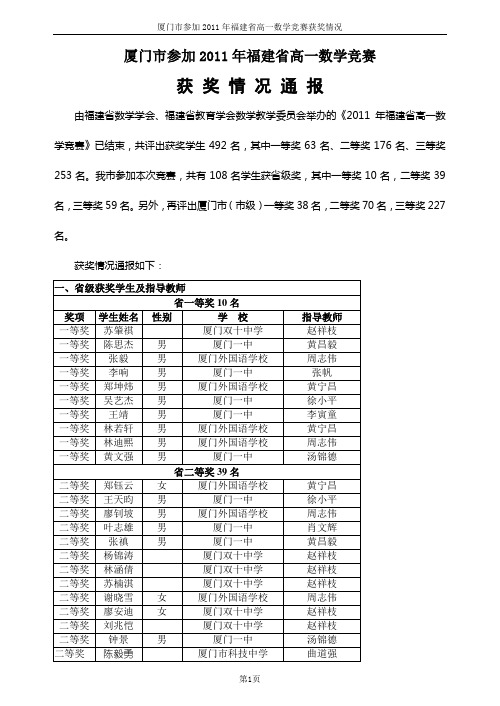 2011福建高一数学联赛厦门市获奖情况