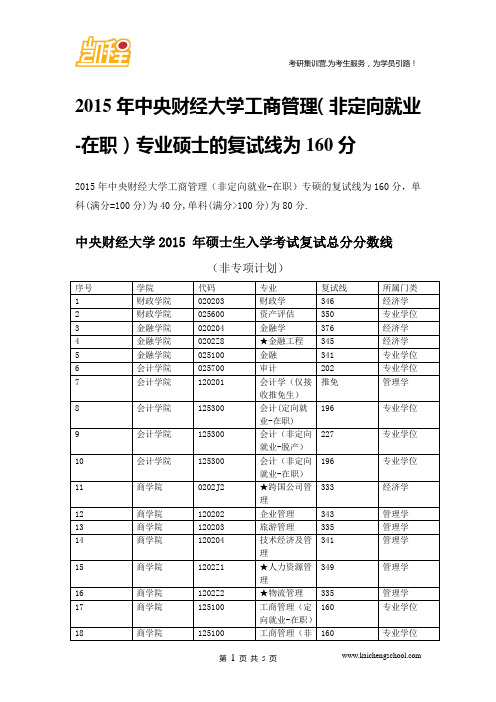 2015年中央财经大学工商管理(非定向就业-在职)专业硕士的复试线为160分