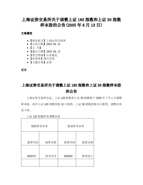 上海证券交易所关于调整上证180指数和上证50指数样本股的公告(2005年6月13日)