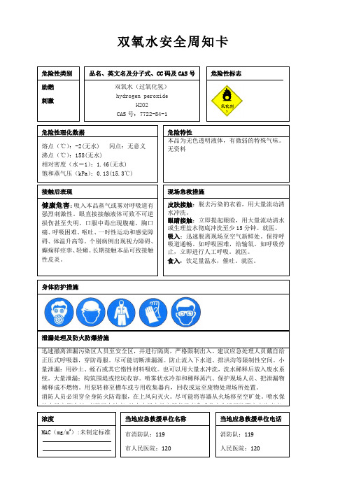 双氧水安全周知卡、职业危害告知卡、理化特性表