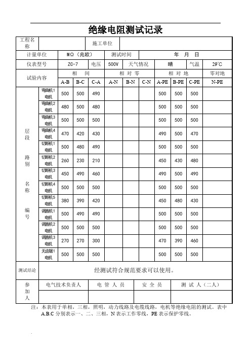 绝缘电阻检测记录表