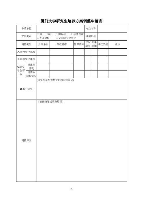 厦门大学研究生培养方案调整申请表