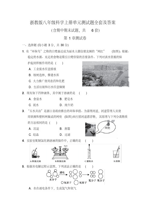 浙教版八年级科学上册单元测试题全套及答案