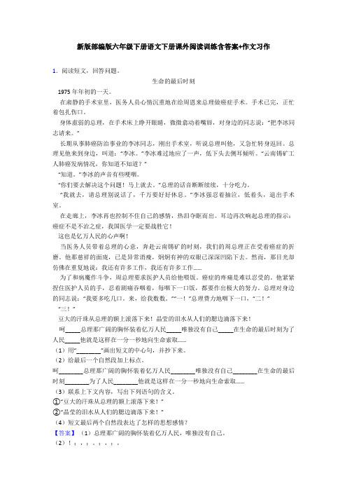 新版部编版六年级下册语文下册课外阅读训练含答案+作文习作