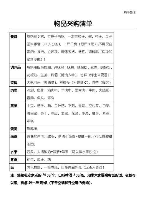 活动聚餐物品清单