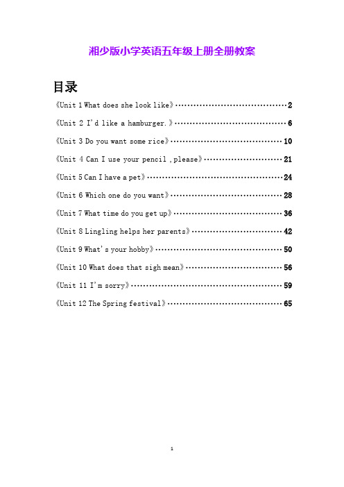 湘少版小学英语五年级上册全册教案