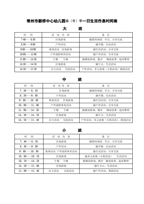 常州市新桥中心幼儿园春(冬)季一日生活作息时间表