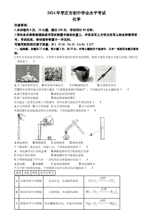 2024年山东省枣庄市中考化学真题(含答案)