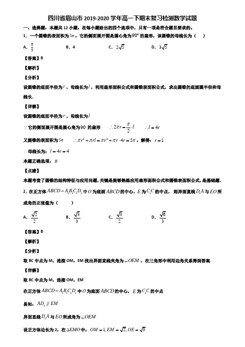 四川省眉山市2019-2020学年高一下期末复习检测数学试题含解析