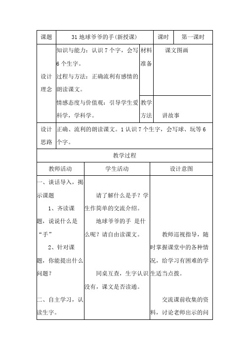 人教版小学语文一年级下册教案：31地球爷爷的手(新授课)