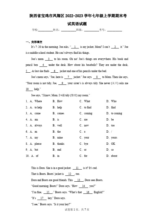 陕西省宝鸡市凤翔区2022-2023学年七年级上学期期末考试英语试题