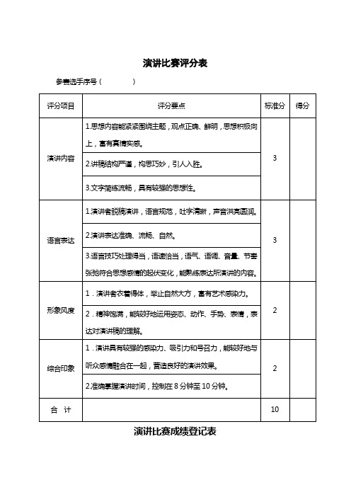 演讲比赛评分表+计分表(通用+实用)