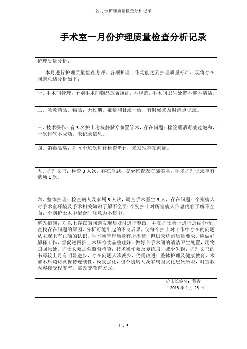 各月份护理质量检查分析记录