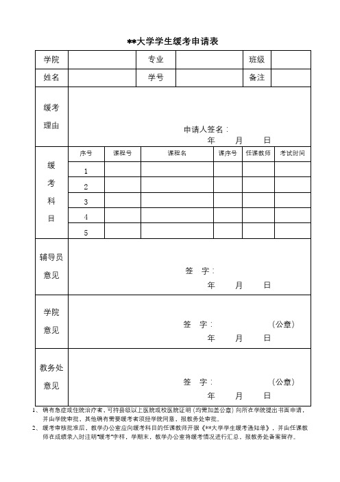 XX大学学生缓考申请表【模板】(2)