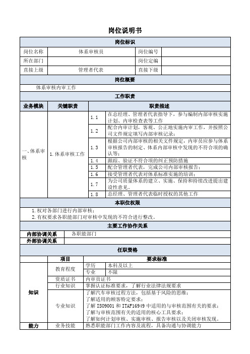 岗位说明书-体系审核内审员