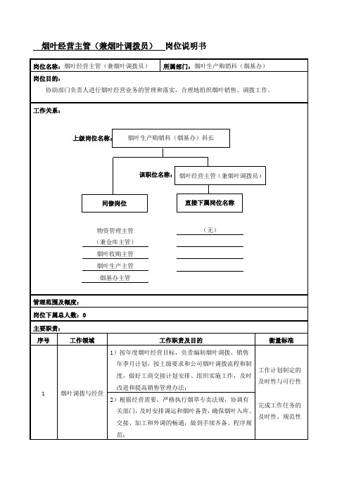 烟叶经营主管(兼烟叶调拨员)岗位说明书范例