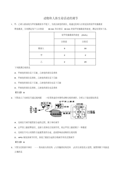 2019届高考生物热点考点练习卷：动物和人体生命活动的调节