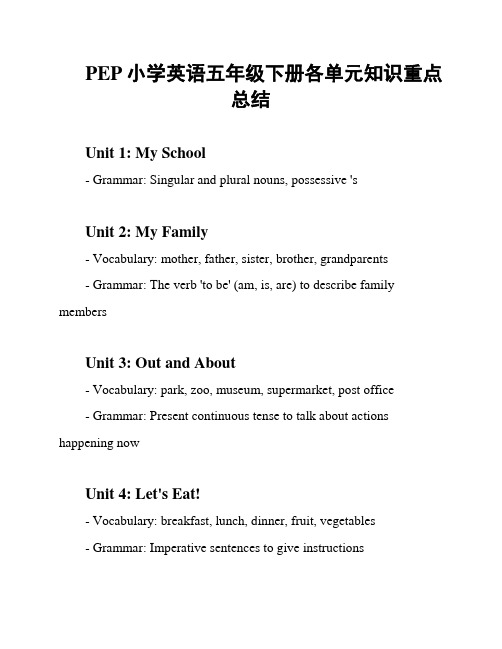 PEP小学英语五年级下册各单元知识重点总结