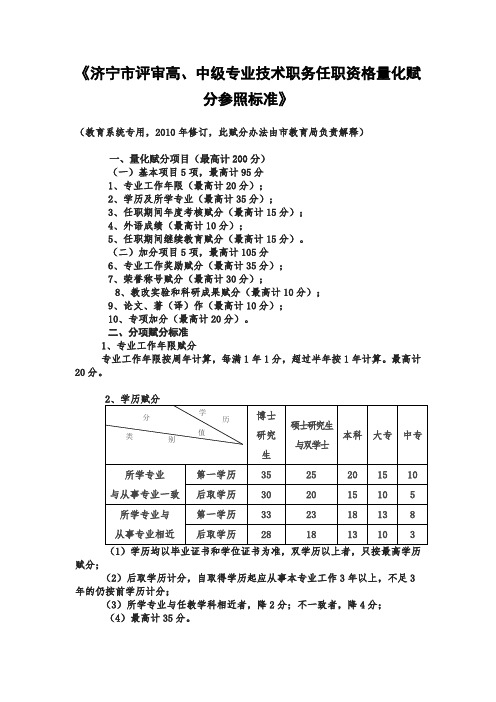 济宁市评审高中级教师赋分标准