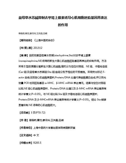 益母草水苏碱抑制去甲肾上腺素诱导心肌细胞胚胎基因再表达的作用