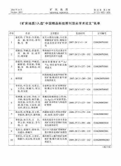 《矿床地质》入“选中国精品科技期刊顶尖学术论文”名单