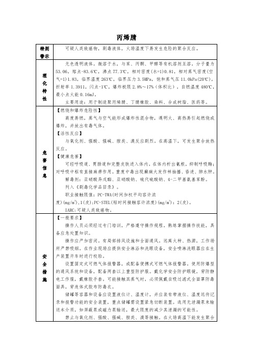 丙烯腈 重点危化品 理化特性、安全措施及应急处置原则