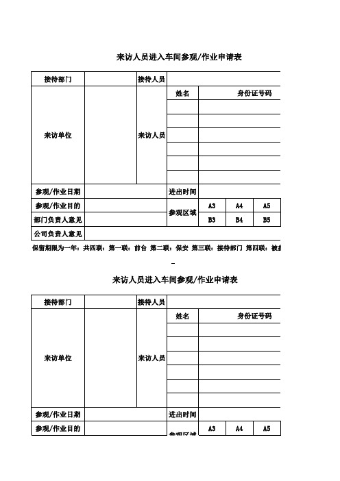 来访人员进入车间参观申请表